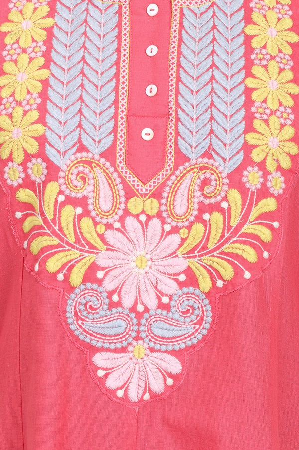 Pink Thread Embroidered Cotton Flax Flared Kurta with Pants Set
