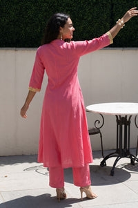 Pink Thread Embroidered Cotton Flax Flared Kurta with Pants Set