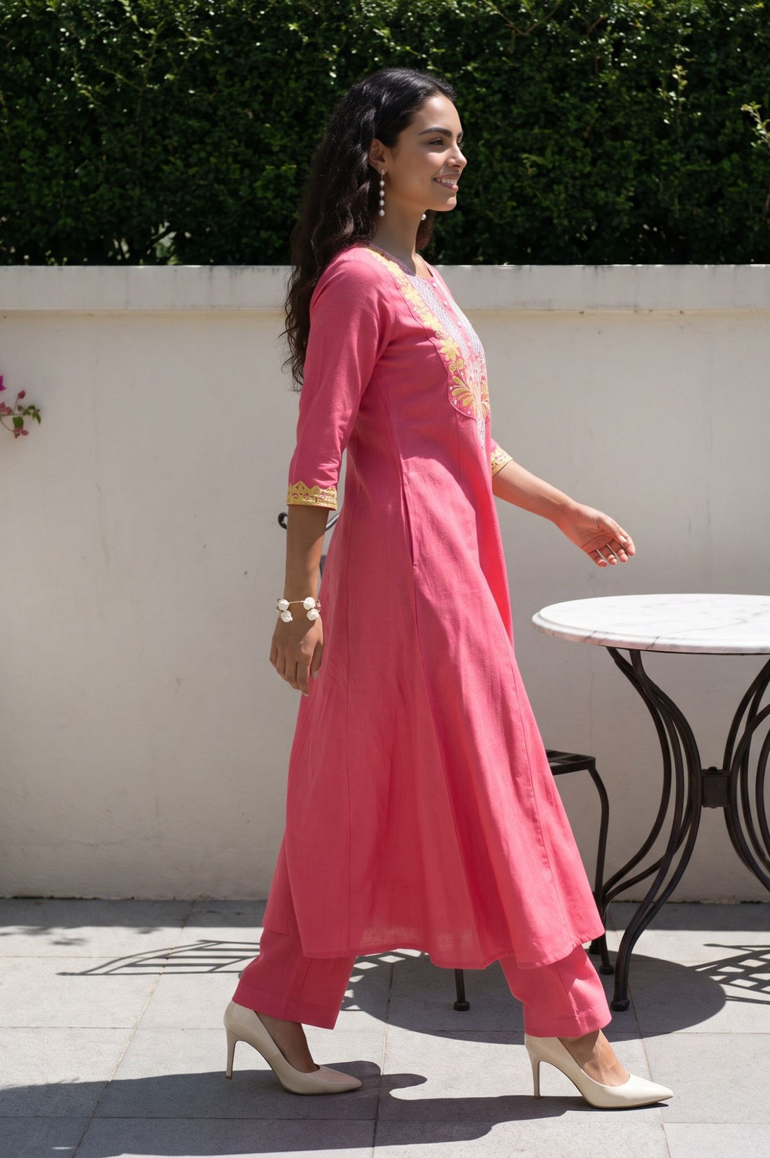 Pink Thread Embroidered Cotton Flax Flared Kurta with Pants Set