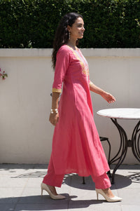 Pink Thread Embroidered Cotton Flax Flared Kurta with Pants Set