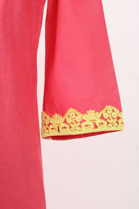 Pink Thread Embroidered Cotton Flax Flared Kurta with Pants Set