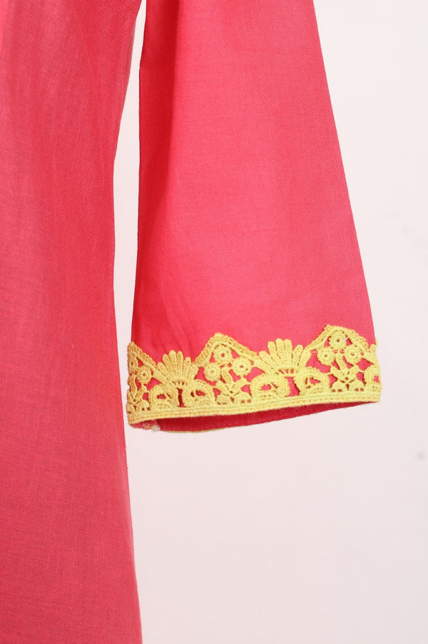 Pink Thread Embroidered Cotton Flax Flared Kurta with Pants Set