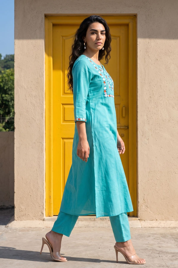 Blue Thread Embroidered Cotton Flax Straight Kurta with Pants and Dupatta Set