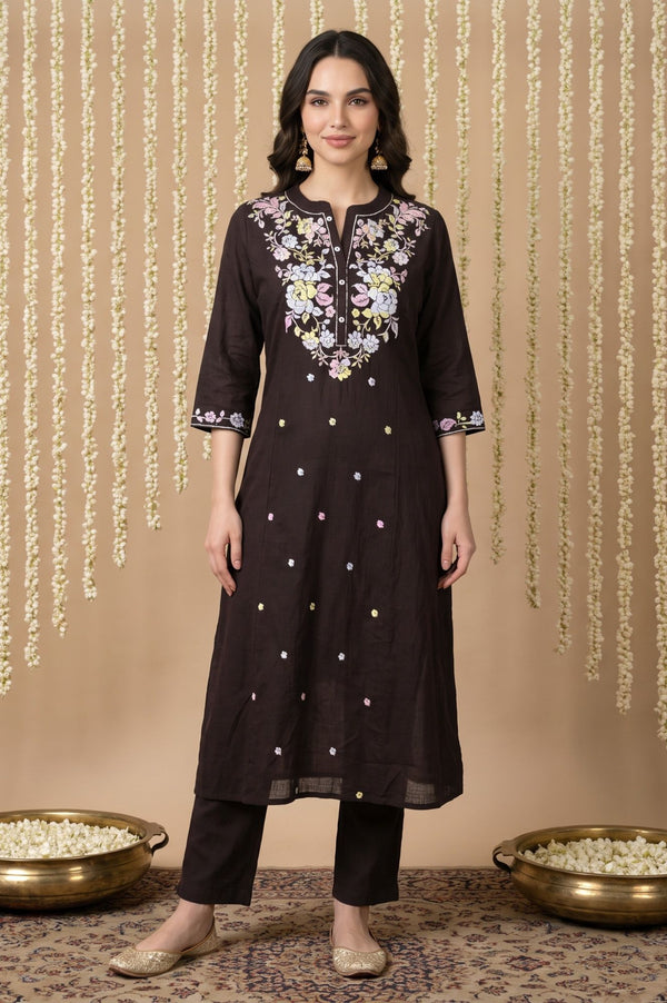 Black Thread Embroidered Pure Cotton Straight Kurta with Trousers Set