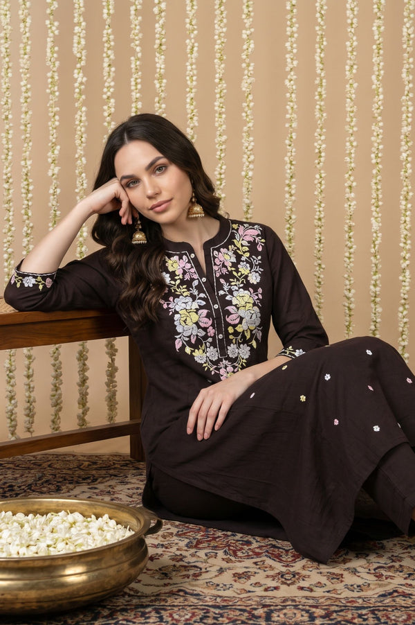 Black Thread Embroidered Pure Cotton Straight Kurta with Trousers Set