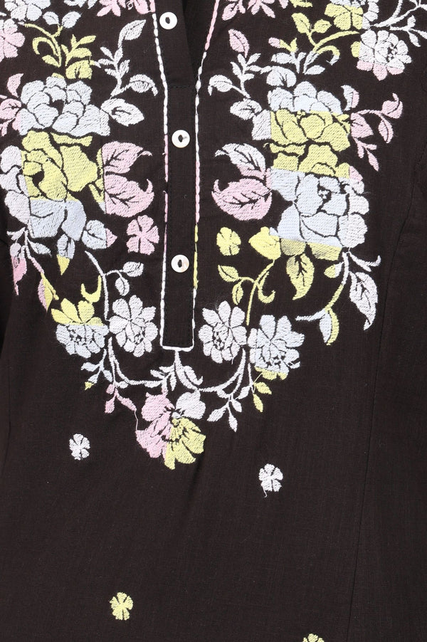 Black Thread Embroidered Pure Cotton Straight Kurta with Trousers Set