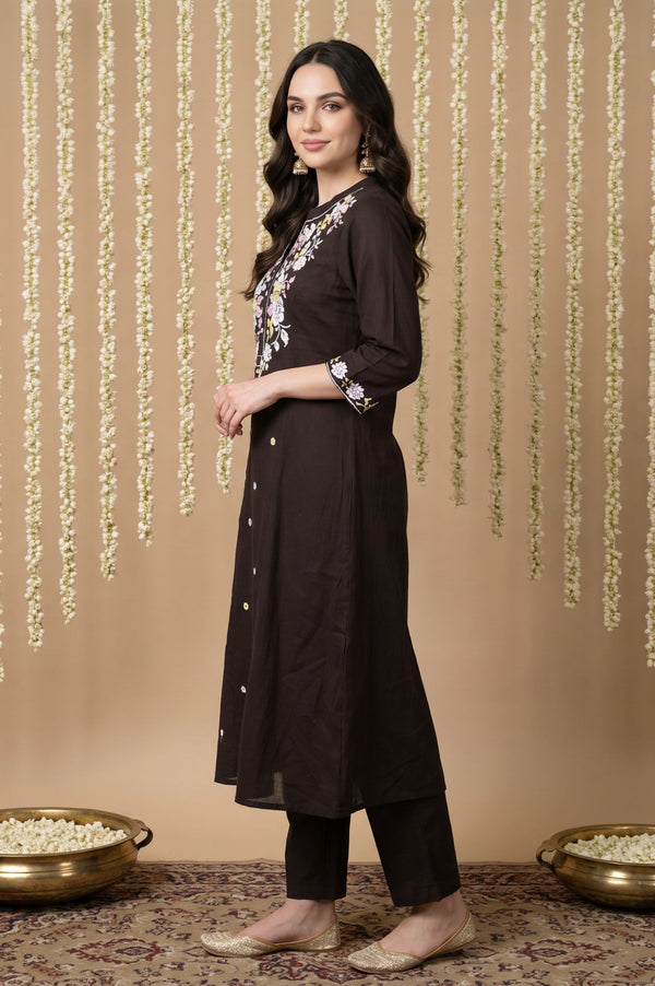 Black Thread Embroidered Pure Cotton Straight Kurta with Trousers Set