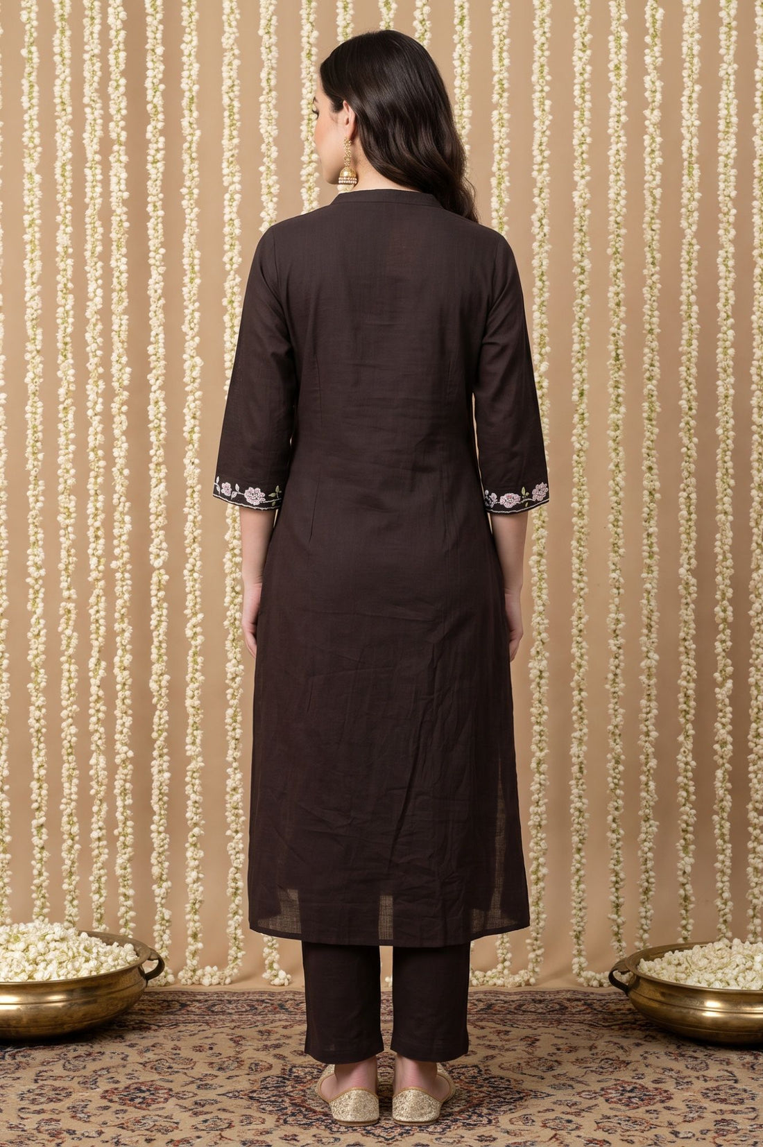 Black Thread Embroidered Pure Cotton Straight Kurta with Trousers Set