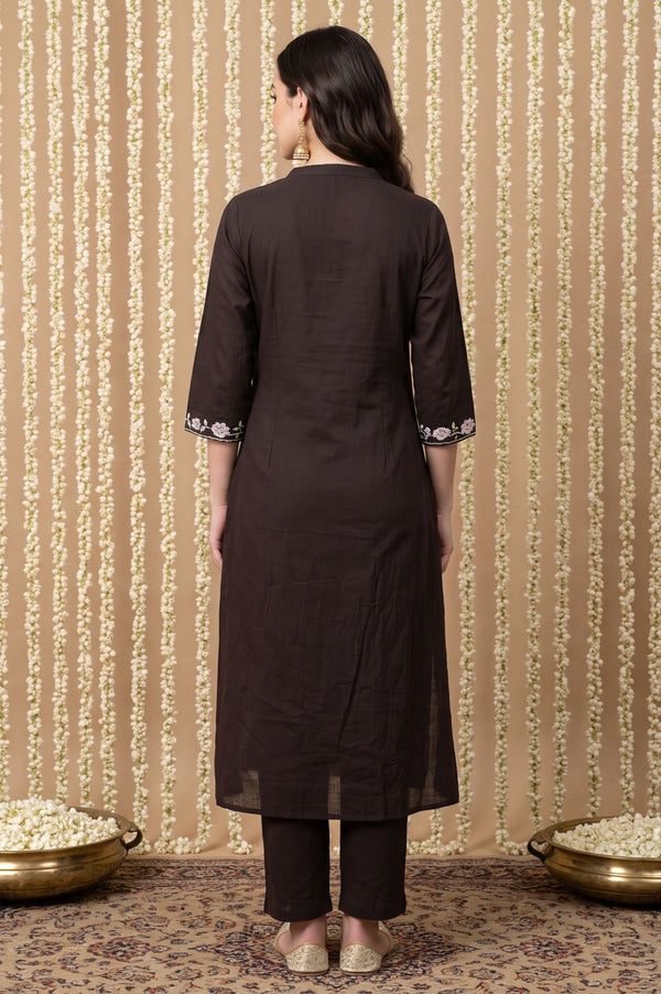 Black Thread Embroidered Pure Cotton Straight Kurta with Trousers Set