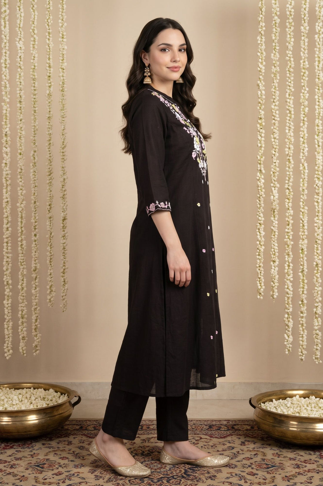 Black Thread Embroidered Pure Cotton Straight Kurta with Trousers Set
