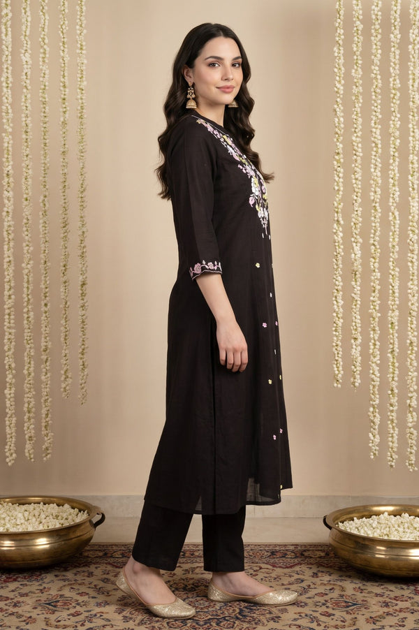 Black Thread Embroidered Pure Cotton Straight Kurta with Trousers Set