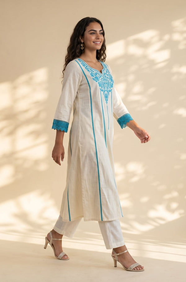 Off White Thread Embroidered Pure Cotton Flared Kurta with Trousers Set
