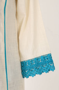 Off White Thread Embroidered Pure Cotton Flared Kurta with Trousers Set