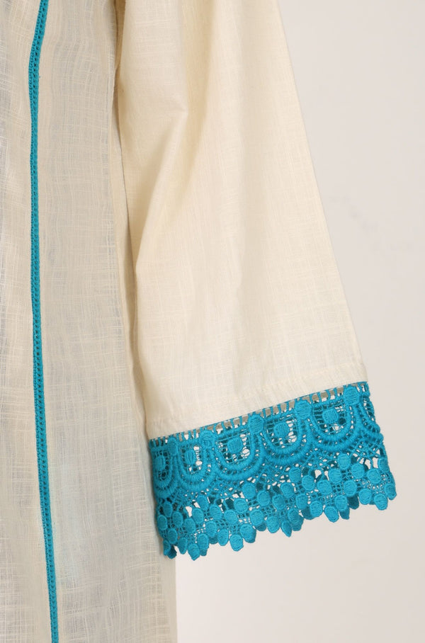 Off White Thread Embroidered Pure Cotton Flared Kurta with Trousers Set