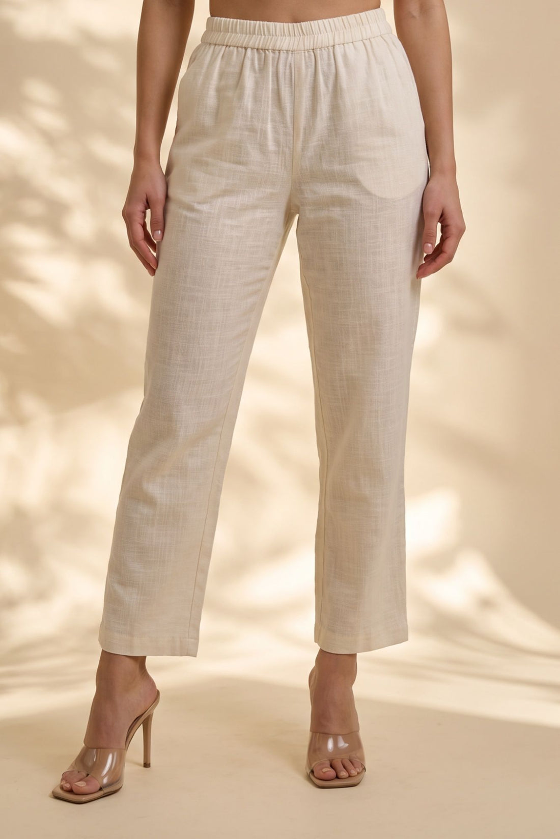 Off White Thread Embroidered Pure Cotton Flared Kurta with Trousers Set