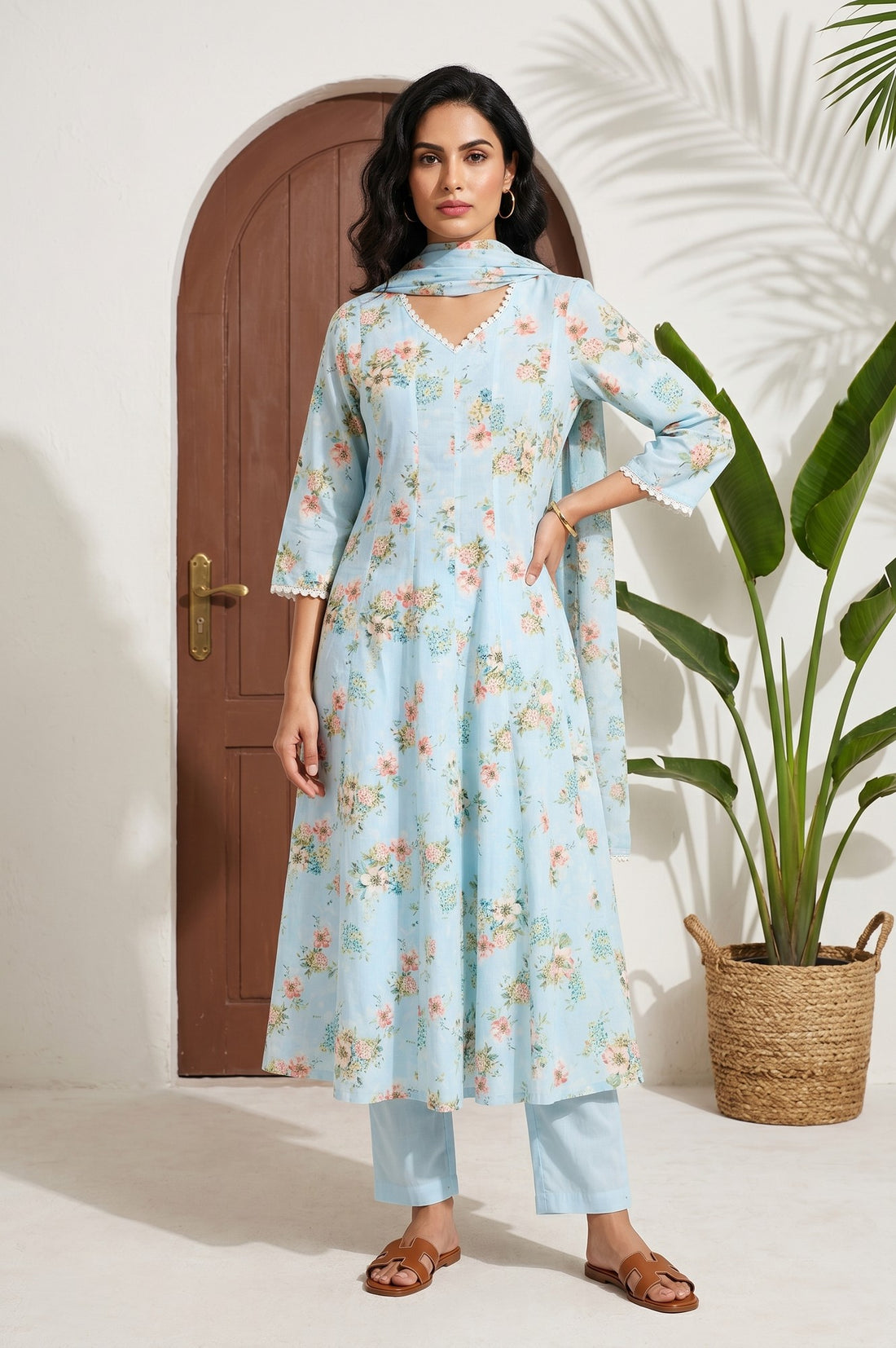 Blue Floral Printed Pure Cotton Flared Kurta with Pants and Dupatta Set