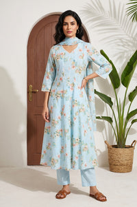 Blue Floral Printed Pure Cotton Flared Kurta with Pants and Dupatta Set