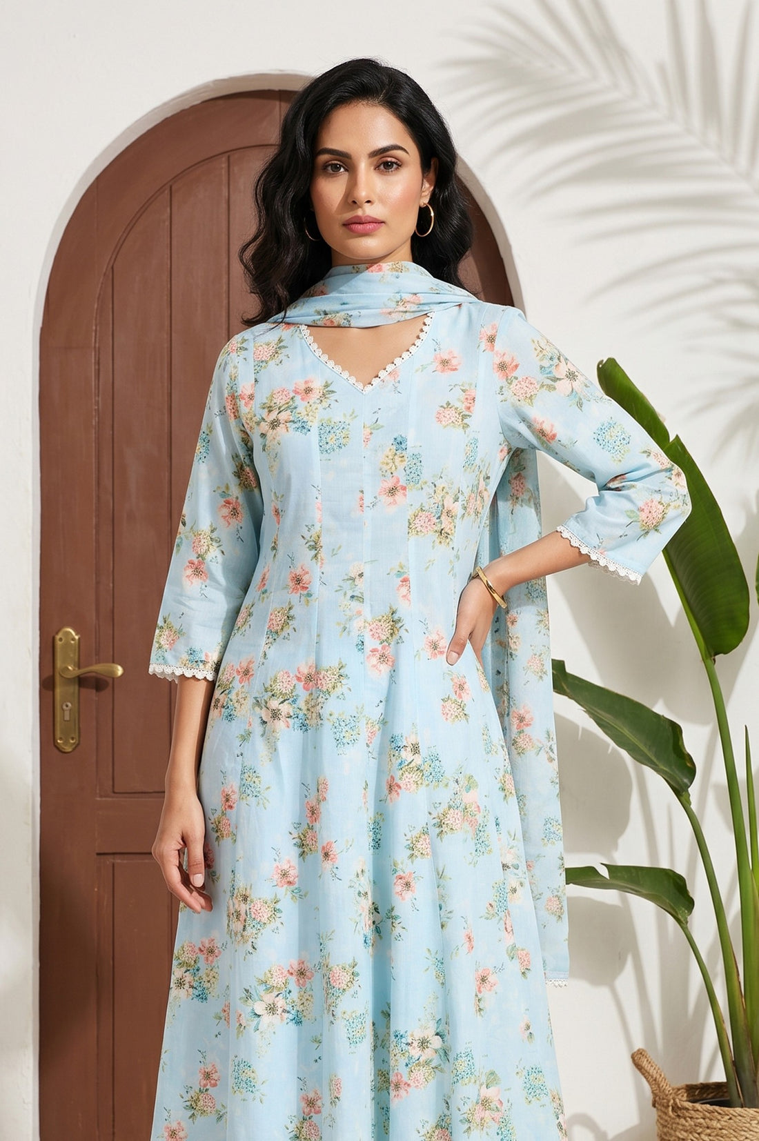 Blue Floral Printed Pure Cotton Flared Kurta with Pants and Dupatta Set