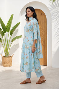 Blue Floral Printed Pure Cotton Flared Kurta with Pants and Dupatta Set