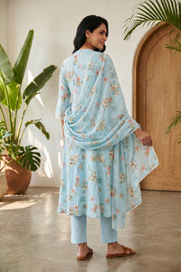Blue Floral Printed Pure Cotton Flared Kurta with Pants and Dupatta Set
