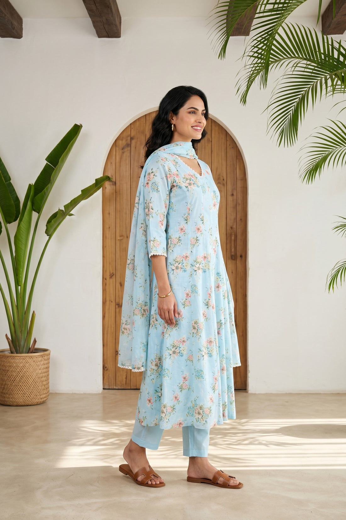 Blue Floral Printed Pure Cotton Flared Kurta with Pants and Dupatta Set
