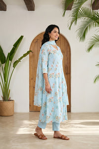 Blue Floral Printed Pure Cotton Flared Kurta with Pants and Dupatta Set