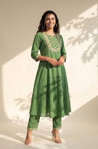 Green Embroidered Pure Cotton Flared Kurta with Trousers Set