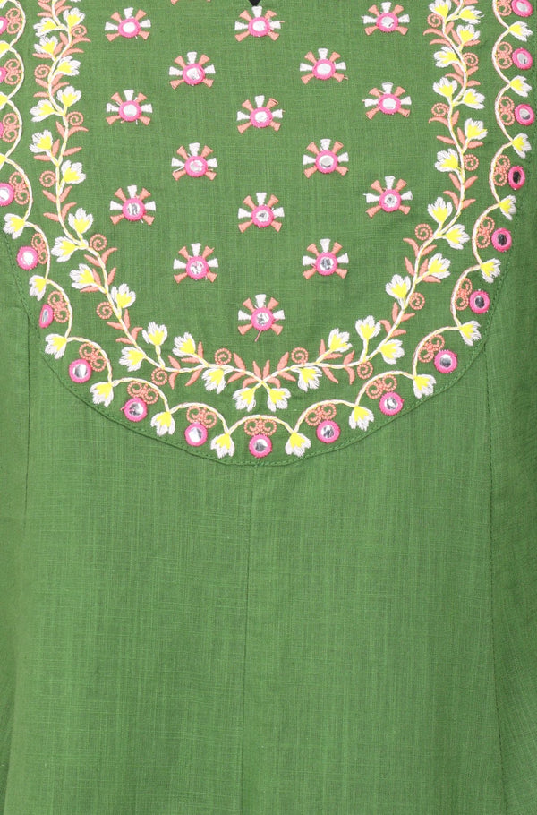 Green Embroidered Pure Cotton Flared Kurta with Trousers Set