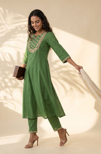 Green Embroidered Pure Cotton Flared Kurta with Trousers Set