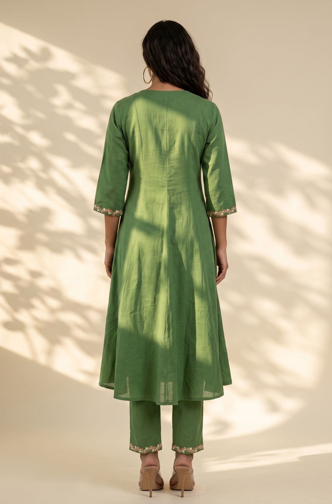 Green Embroidered Pure Cotton Flared Kurta with Trousers Set