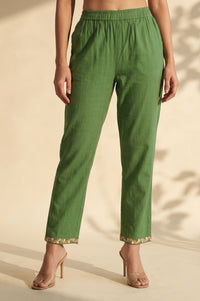 Green Embroidered Pure Cotton Flared Kurta with Trousers Set