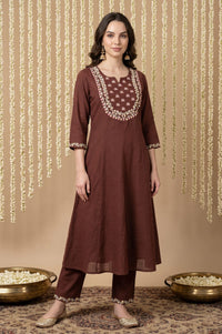 Coffee Brown Embroidered Pure Cotton A-line Kurta with Trousers Co-ord Set