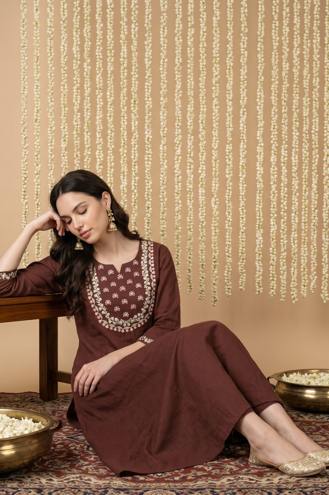 Coffee Brown Embroidered Pure Cotton A-line Kurta with Trousers Co-ord Set