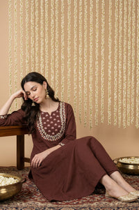 Coffee Brown Embroidered Pure Cotton A-line Kurta with Trousers Co-ord Set