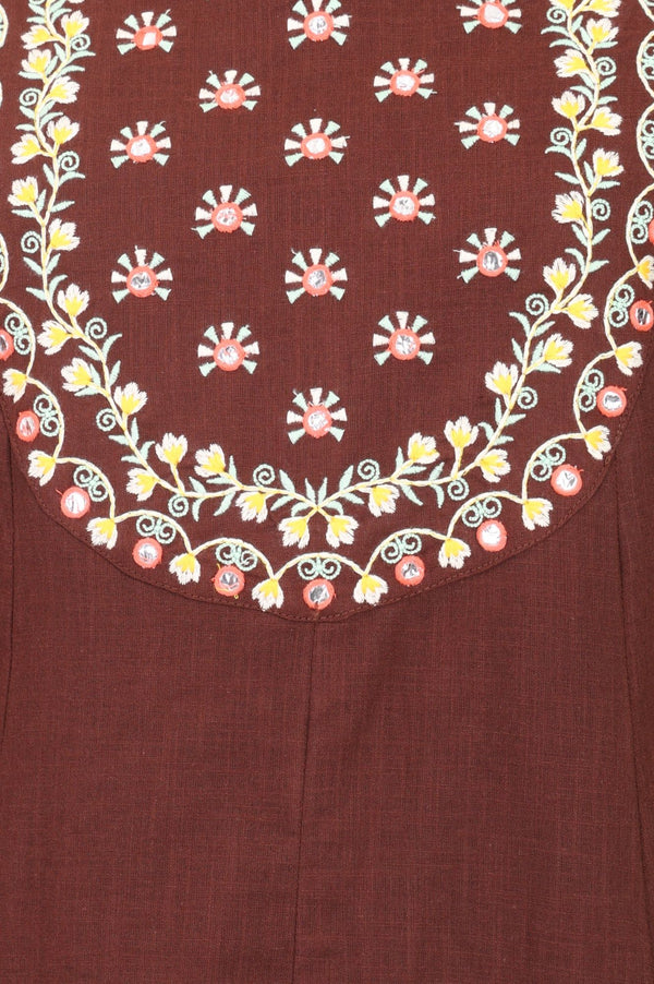 Coffee Brown Embroidered Pure Cotton A-line Kurta with Trousers Co-ord Set