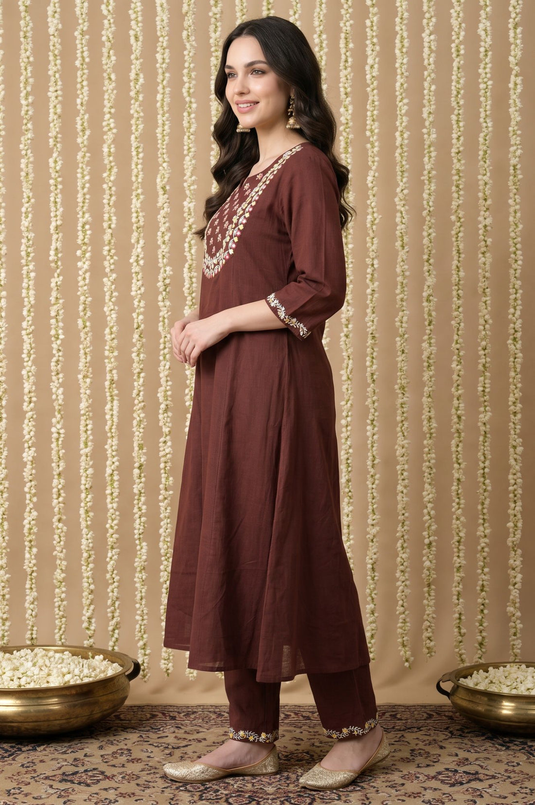Coffee Brown Embroidered Pure Cotton A-line Kurta with Trousers Co-ord Set