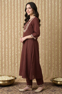 Coffee Brown Embroidered Pure Cotton A-line Kurta with Trousers Co-ord Set