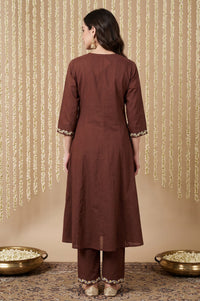 Coffee Brown Embroidered Pure Cotton A-line Kurta with Trousers Co-ord Set