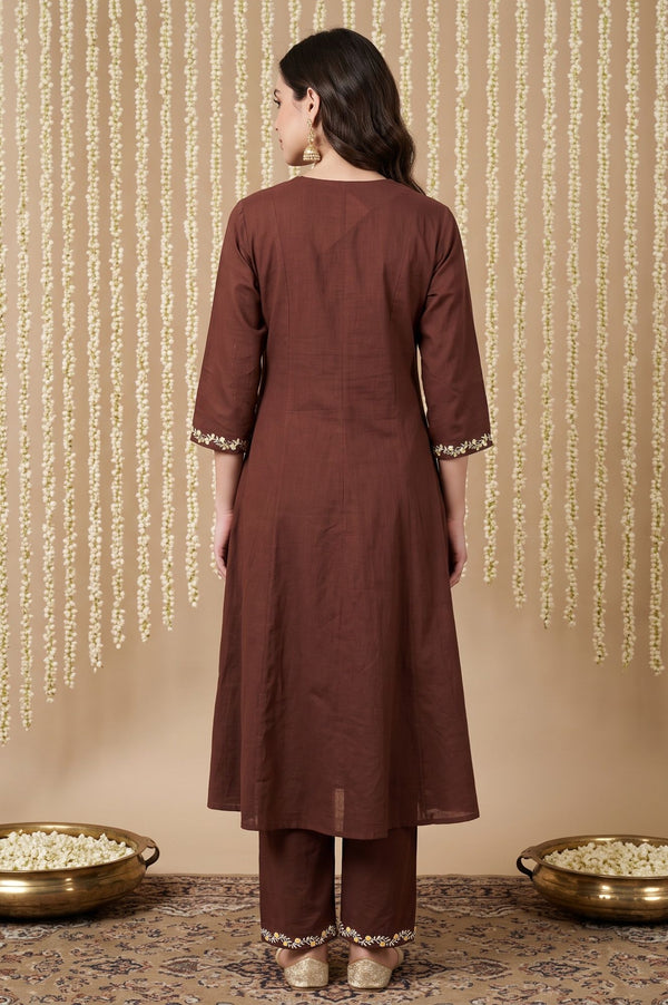 Coffee Brown Embroidered Pure Cotton A-line Kurta with Trousers Co-ord Set