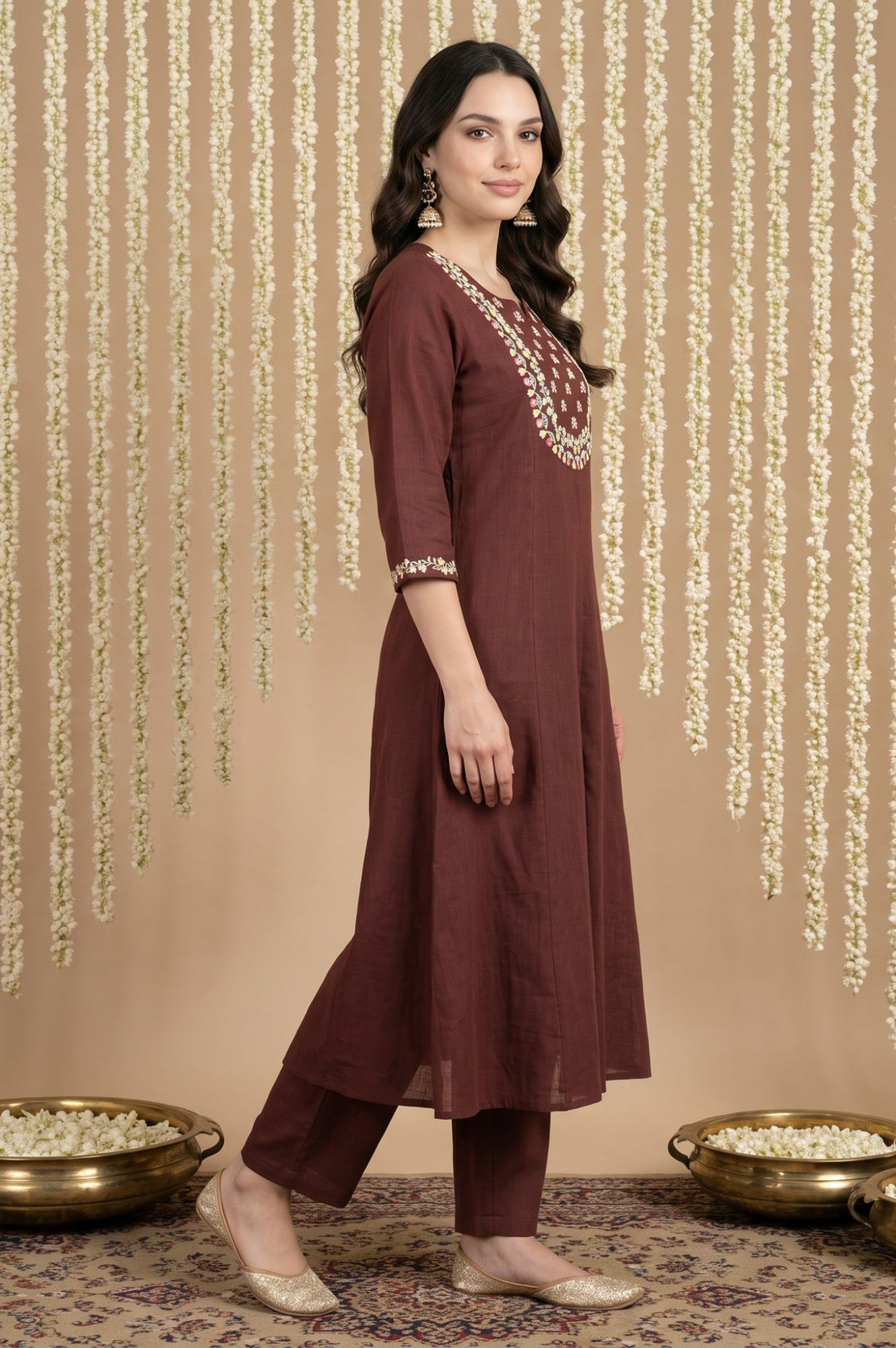Coffee Brown Embroidered Pure Cotton A-line Kurta with Trousers Co-ord Set