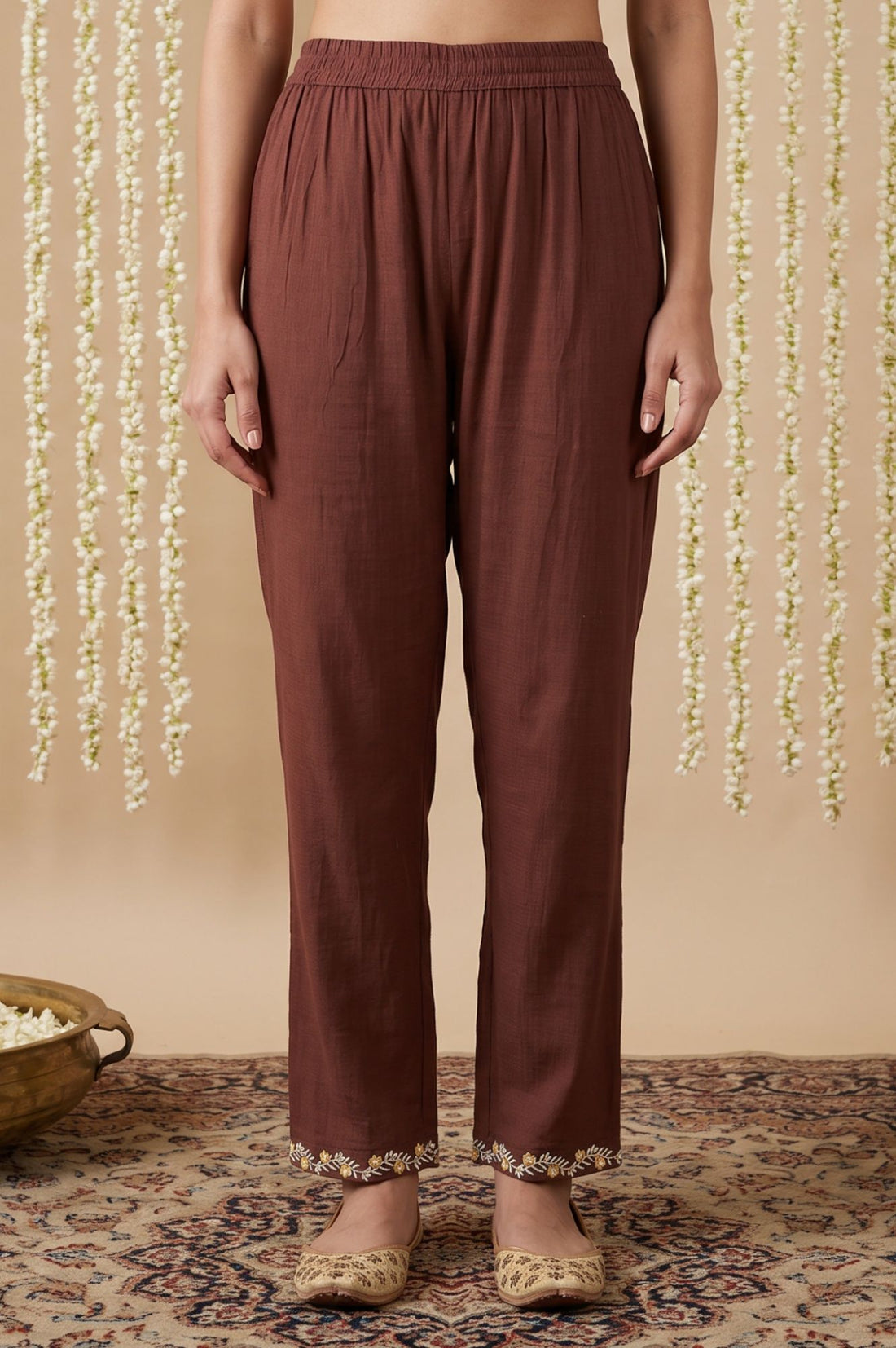 Coffee Brown Embroidered Pure Cotton A-line Kurta with Trousers Co-ord Set