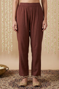Coffee Brown Embroidered Pure Cotton A-line Kurta with Trousers Co-ord Set