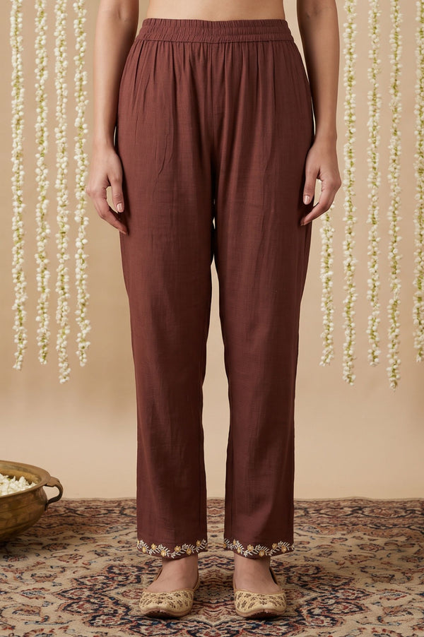 Coffee Brown Embroidered Pure Cotton A-line Kurta with Trousers Co-ord Set