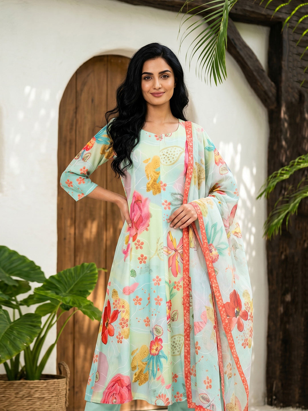 Sea Green Floral Printed Straight Kurta with Pants and Dupatta Set