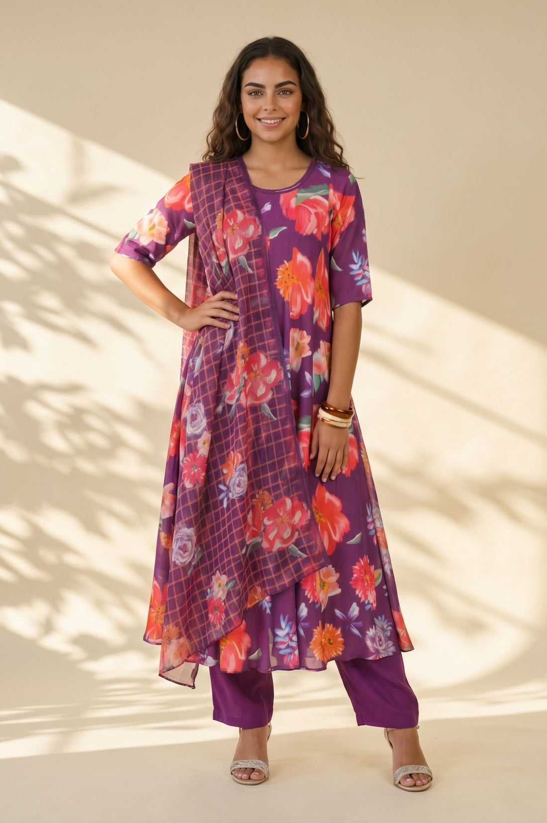 Purple Floral Printed Rayon Flared Kurta with Pants and Dupatta Set