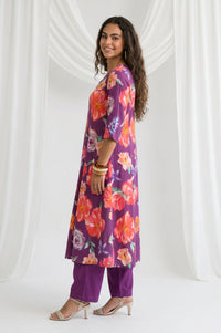 Purple Floral Printed Rayon Flared Kurta with Pants and Dupatta Set
