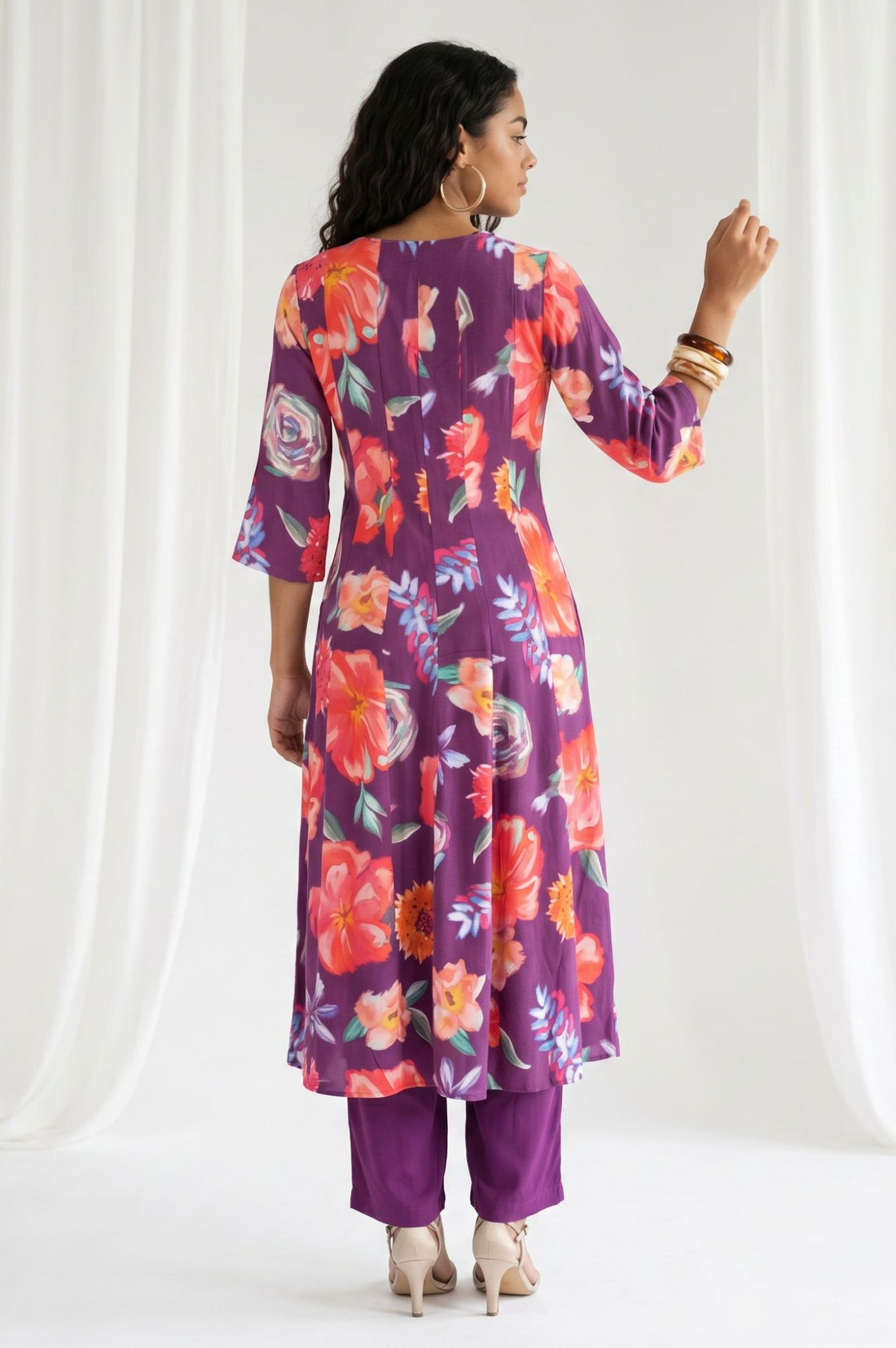 Purple Floral Printed Rayon Flared Kurta with Pants and Dupatta Set