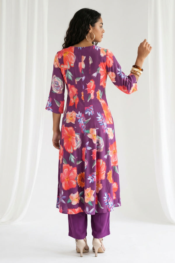 Purple Floral Printed Rayon Flared Kurta with Pants and Dupatta Set