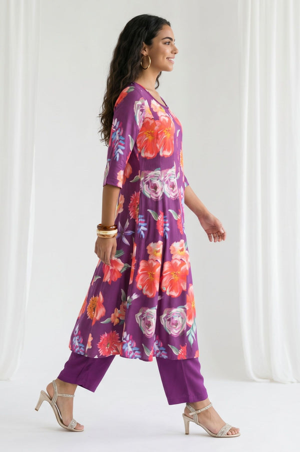 Purple Floral Printed Rayon Flared Kurta with Pants and Dupatta Set
