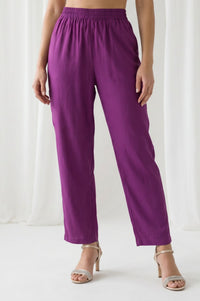 Purple Floral Printed Rayon Flared Kurta with Pants and Dupatta Set